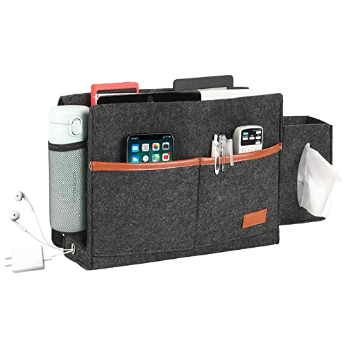 Surblue Bedside Caddy Felt Storage Organizer Hanging Bag with Tissue Box and Water Bottle Pocket for Mattress, Sofa, Bunk Bed, Dark Gray - color: Dark Gray