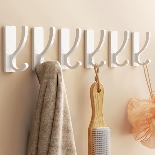 pickpiff Adhesive Wall Hooks for Towels - Sticky Hook Hanging Heavy Duty (13lb), Hanger for Door, Bathroom, Dorm, Closet - for Coats, Purse, Bag, Robe - No Damage to Wall - White 6 Pack - color: White, size: 6 Pack