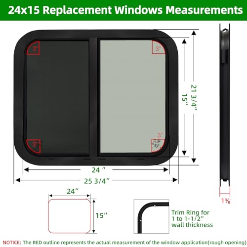 RV Window,Camper Replacement Horizontal Sliding RV Window for Cargo Trailer Utility Travel Trailer Cargo Van Truck SUV 24" W x 15" H,Fit 15/16" or 1-3/8" Thick Wall,Allow Error 1/16",DOT Approved - size: 24"W x 15"H