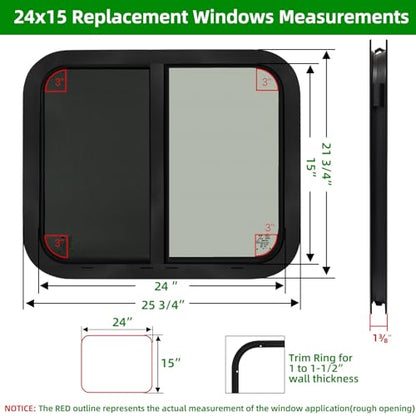 RV Window,Camper Replacement Horizontal Sliding RV Window for Cargo Trailer Utility Travel Trailer Cargo Van Truck SUV 24" W x 15" H,Fit 15/16" or 1-3/8" Thick Wall,Allow Error 1/16",DOT Approved - size: 24"W x 15"H