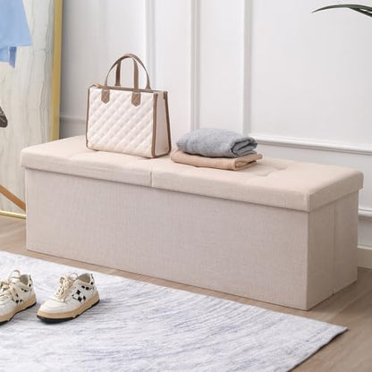 45.3 Inches Ottoman Bench - Foldable Seat, Footrest, Shoe Bench, End of Bed Storage With Flipping Lid, 166L Space, Linen Fabric Emerald - color: Emerald, size: 45.3" Flip