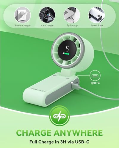 PlayHot Portable Handheld Turbo Fan, 5-Speed Personal Fan, USB-C Rechargeable Fan Up to 12 Hours, 3 IN 1 Hand Fan with Air Turbo Tech Cooling, Travel Fan for Cruise, Beach, Gifts for Women (Green) - color: Green