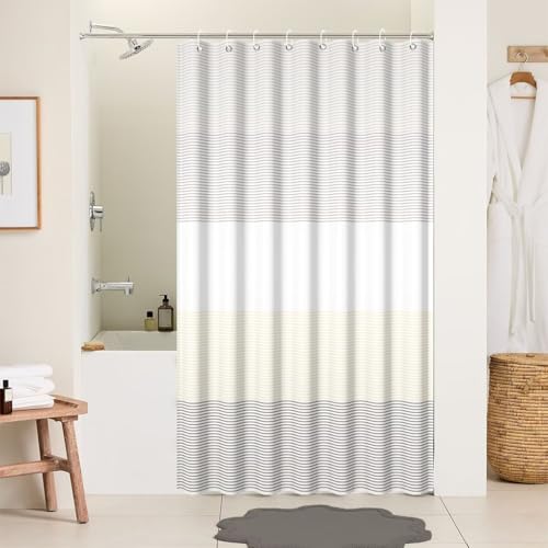 Boho Shower Curtain for Bathroom 48x72 inches White Grey Lines Waterproof Shower Curtain Set with Hooks Bohemian Stripe Fabric Stall RV Shower Curtains - color: Beige, size: 48"W x 72"L (Pack of 1)