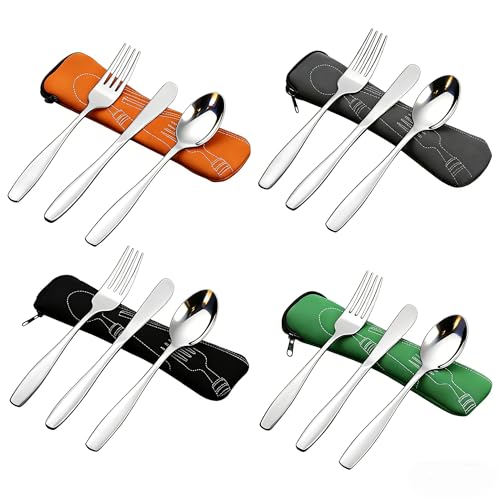 3-Piece Stainless Steel Picnic Cutlery, Portable Silverware Set for Work, Travel Utensil Set w/Case, 4-Pack