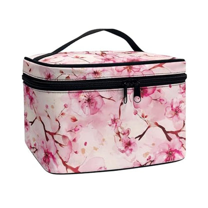 Makeup Brush Bag Cherry Blossom Pink Printed Large Capacity Travel Cosmetic Bag Toiletries Accessories with Handle and Divider Portable Brush Holder Bags - color: Cherry Blossom Pink