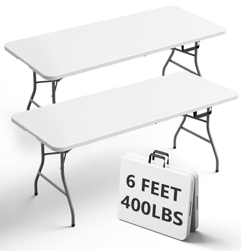 6FT Folding Table 2 Pack, Heavy Duty Plastic Table with Handel, 400 lbs Portable Table, Reinforced Steel Legs, Fold-in-Half Table Ideal for Parties, Picnics, Weddings, Camping White - color: White, size: 6FT-2pack