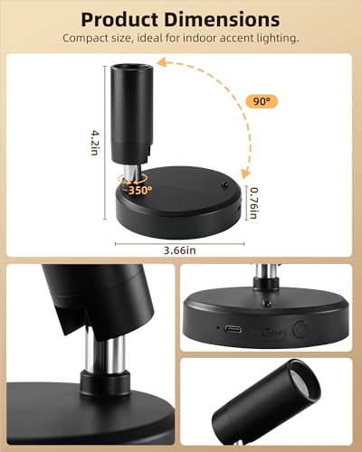 EZVALO Spotlights Indoor with Remote, 5500mAh Rechargeable Picture Lights, Wireless LED Uplighting with Timer & Dimmable, 3-CCT, Mini Plant Spot Lights for Painting, Artwork (4-Pack-Black) - color: Black