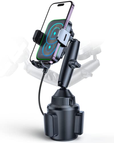 APPS2Car Dual Coil Wireless Car Charger Auto Clamping 15W Cup Holder Phone Wireless Charging Mount Tri-Pivots Height Adjustable Fast Charge for Cars, SUVs & Trucks, for iPhone 12-17, Samsung, etc.