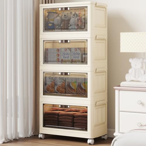 4 Tier - 34QT Storage Bins with Lids, Collapsible Storage Bins with Doors and Wheels, Plastic Storage Cabinet for Easy Storage and Organization for Living Room, Office - size: 32Gal-4pack