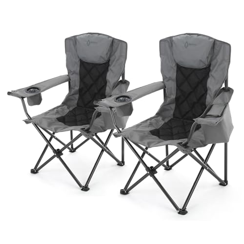 ARROWHEAD OUTDOOR 2-Pack Portable Deluxe Folding Camp Quad Chair w/Headrest, Glass & Cup Holders, Armest 6-can Cooler, Heavy Duty Carry Bag, 550 lbs Weight Capacity - color: Grey 2pack