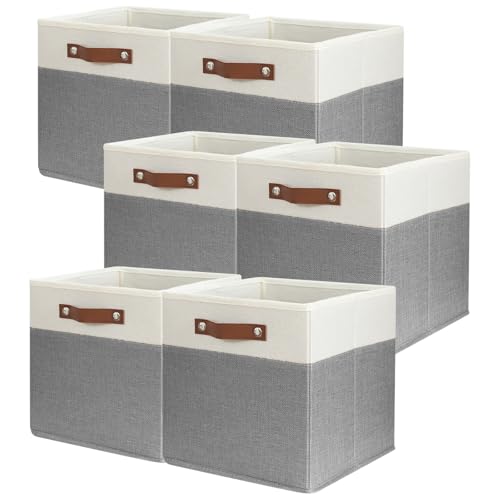 SNWDN 6 Pack Large Fabric Storage Baskets for Organizing Collapsible Fabric Storage Bins with Handles for Home and Office Organizing ((White/Grey 13x13x13 Inches) - color: White/Grey, size: Cube Large (6 Pack 13x13x13 Inches)