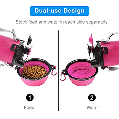 Guardians Dog Travel Water Bottle Collapsible Bowls, 2 in 1 Pet Food Container with Collapse Bowls, Outdoor Portable Water Bowls for Walking, Traveling, Camping and Hiking (Pink) - color: Pink