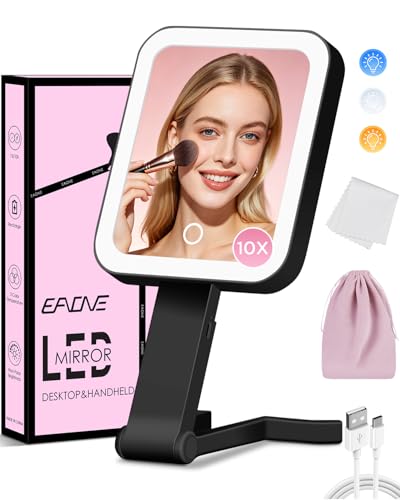 EAONE Magnifying Mirror with LED Light, Double Sided Travel Makeup Mirror 10X/1X with Storage Bag, 3 Color Lighting & Dimmable Touch Screen for Trip, Desk, Bathroom (10.3 x 5.2IN)- Black - color: Black