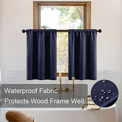 Navy Blue Curtains for Kitchen & Bathroom Windows - Waterproof Blackout, 24 Inch Length - color: Navy, size: 30"W x 24"L (Pack of 2)