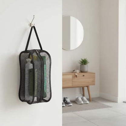 Mesh Shower Caddy Bag for Bathroom Gym Black Portable Toiletry Organizer Gym Shower Mesh Bag Quick Dry Tote Bags with Zipper for Hanging Women Men Dorm Camping Swimming Beach