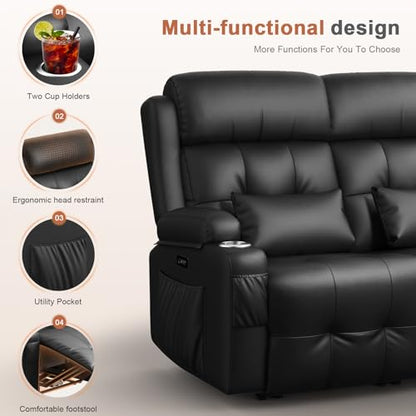 Power RV Loveseat Recliner Sofa, Reclining Loveseats Couch for RV Furniture, Home Theater Seating with Heat Massage, USB, Insert Pockets, Cup Holders, 150° Wall Hugger RV Recliners Sleeper Sofas - color: Black, size: Loveseat-G1-Power