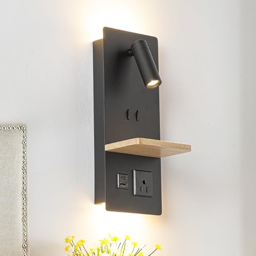Swing LED Wall Sconce Plug in Cord for Bedroom, Modern 3-light Wall Light fixture with Shelf, charging port and Scoket for Living Room Reading Bedside, Modern Night Light Wall Decor, Black - size: 3-light Black