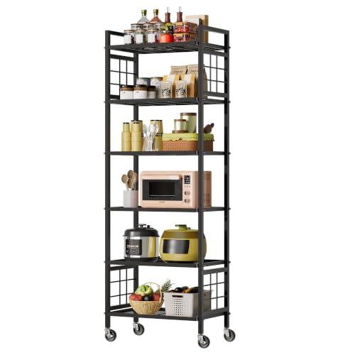 GIOTORENT 6-Wire Standing Storage Shelf with Wheels, Mobile Metal Shelving Unit for Bathroom Organizers & Laundry Room, Kitchen Pantry Rack, Heavy Duty Utility Shelf, Black - color: Black, size: 12.7D x 16.9W x 66.5H (6Tier-with-wheel)