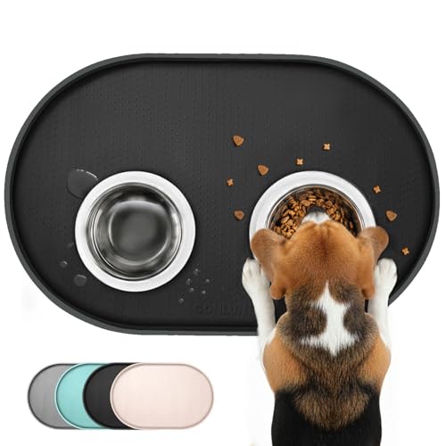 Conlun Dog Food Mat,1/2 Inch Raised Edges Cat Feeding Mat for Spill Containment,BPA-Free Silicone Pet Food Mats for Floor Waterproof,Rubber Dog Placemats for Food and Water Bowls(Black,19"x12") - color: Black, size: 19 x 12" - Standard