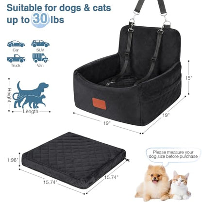 WOOAIDAGG Dog Car Seat for Small Dogs Under 30lbs, Washable Pet Travel Car Bed with Memory Foam,Fully Detachable Cover,2 Storage Pockets & Safety Leash,Non-Slip Bottom(Black) - color: Black