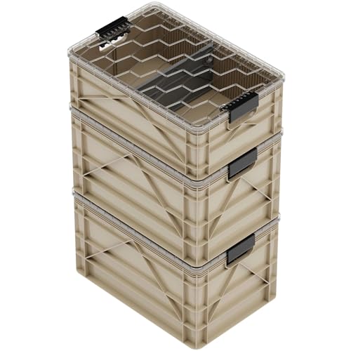 SIDIO CRATE Starter Pack - Two Full Size and One Half Size SidioCrate, Stackable Outdoor Organizer Storage Bins with Clear Lid and Dividers - Tan - color: Tan