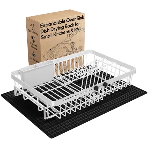 MAJALiS White Dish Drying Rack Over The Sink with Utensil Holder, Mat | Expandable Stainless Steel Dish Drainer for Small Kitchen, Apartment, RV, Counter Space Saving, Perfect Fit, Rustproof - color: White, size: For 13"-30" W Sink with Mat