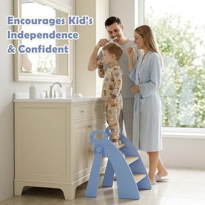 Wooden 3 Step Stool for Kids Bathroom Sink Foldable Anti-Slip, Child Stepping Stool for Bedroom - color: Blue Ele