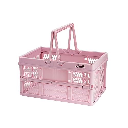 Pink crates for storage,plastic baskets for organizing,14.96" x9.84"x 7.87" collapsible shopping basket,20L foldable crate with Handles,Car Milk Dairy crate for Kitchen,Bathroom,school,office - color: Pink, size: 14.96"x9.84"x7.87"