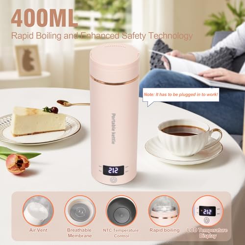 Travel Electric Kettle Portable Mini Kettle,Small Hot Water Boiler with 4 Temperature Settings,304 Stainless Steel,Fast Boiling Water with Auto Shut-Off and Boil Dry Protection (Pink, 400ml) - color: Pink