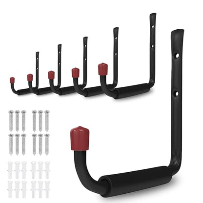 6 Pack Garage Hooks Heavy Duty with EVA Pads and Rubber End Caps, 9.48inch Steel Kayak Storage Hooks for Hanging Bikes, Ladders, Folding Chairs and Garden Tools