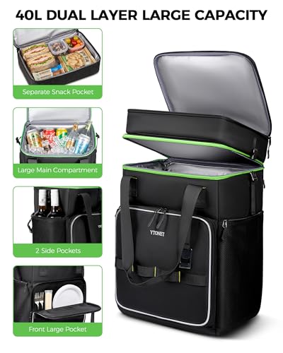 Ytonet 2-in-1 Rolling Cooler with Wheels, 55 Cans/40L Large Insulated Cooler on Wheels with Detachable Top Bag, Leakproof Soft Sided Cooler Bag for Beach, Picnic, Camping, Travel and Grocery，Black