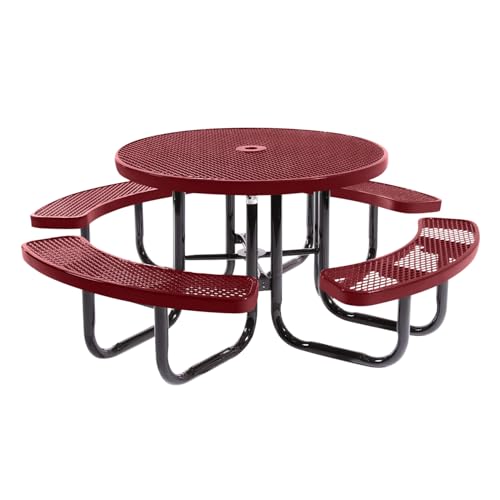 COATEDOUTDOORFURNITURE Heavy-Duty Portable Outdoor Picnic Table with Umbrella Hole, Expanded Metal Commercial-Grade Patio Dining Furniture Made in America (46" Round Top, Burgundy) - color: Burgundy, size: 46 In, Round, Expanded Steel