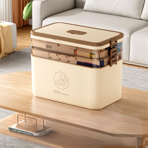 3-Tier Medicine Storage Box, Empty Family Emergencies First Aid Kit Container, Portable Plastic Medicine Storage Organizer Holder Multipurpose Box with Handle for Home, Travel (Brown) - color: Brown