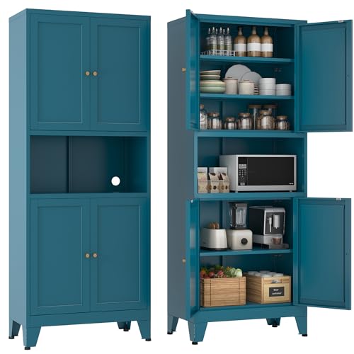 YAUWOH 69" Tall Metal Pantry Cabinet with Microwave Shelf, 4 Doors & 3 Adjustable Shelves, 120LBS Per Shelf Heavy Duty Storage Cabinet with Anti-Tip Design for Kitchen,Dining Room (1PC,Blue) - color: Blue, size: 69"H-4 Doors