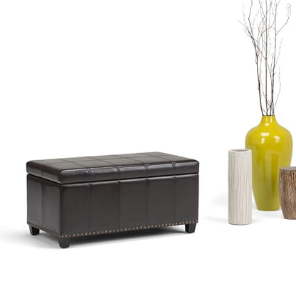 SIMPLIHOME Amelia Storage Ottoman - 33 inch Wide Vegan Leather Rectangle Storage Ottoman Bench in Tanners Brown, Transitional Ottoman for Living Room with Nailhead Trim and Lift-Up Lid - color: Tanners Brown