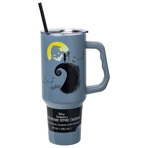 Silver Buffalo Disney Nightmare Before Christmas Featuring Oogie Boogie, Jack Skellington, and Sally Double Walled Stainless Steel Tumbler with Handle and Straw, Fits in Standard Cup Holder, 40 Ounces - color: Nightmare Before Christmas Jack and Sally