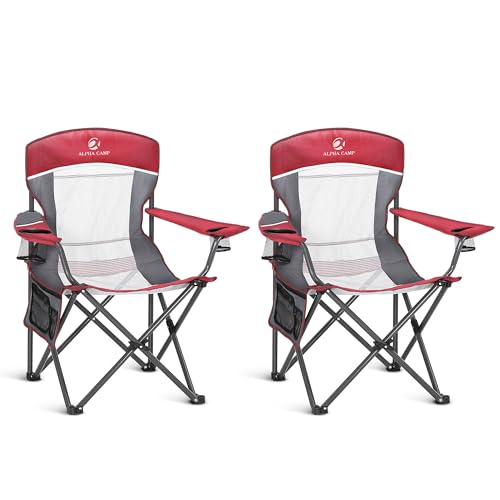 ALPHA CAMP Heavy Duty Camping Chair 500LBS Capacity, Oversized Folding Chair for Heavy People, Padded Portable Outdoor Chair with Cooler Bag & Cup Holder for Camping, Fishing, Beach - color: Red, size: 2PC