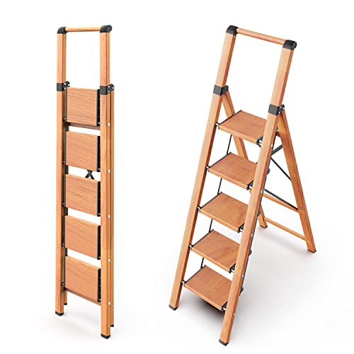 WOA WOA 5 Step Ladder, Ladders for Home, Anti-Slip Pedals, Aluminum Step Stool Foldable, Lightweight to Move, Ease of Storage, Reach 10ft for Closet Kitchen Library, Hold 300lbs - Wood Grain - color: Wood Grain, size: 5 Step