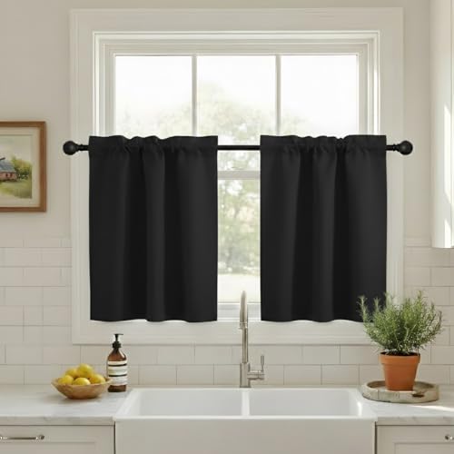 NICETOWN Short Curtains Half Window Curtains for Bedroom, Privacy Rod Pocket Energy Saving Window Covering for Bathroom Office RV Camper, 34 x 36 inches Long per Panel, Black, Set of 2 - color: Black, size: 34"W x 36"L (Pack of 2)