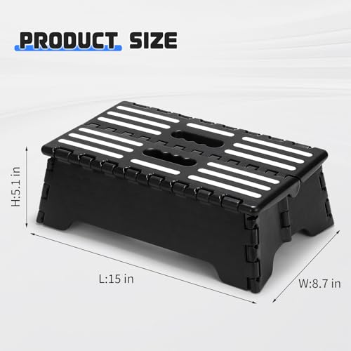 5" H Step Stool Foldable, Sturdy Portable Collapsible Stool with Handle1Pcs | Foldable step stool with slip-proof top and carry handle, sturdy enough for adults. Collapsible design fits bathroom, RV, SUV