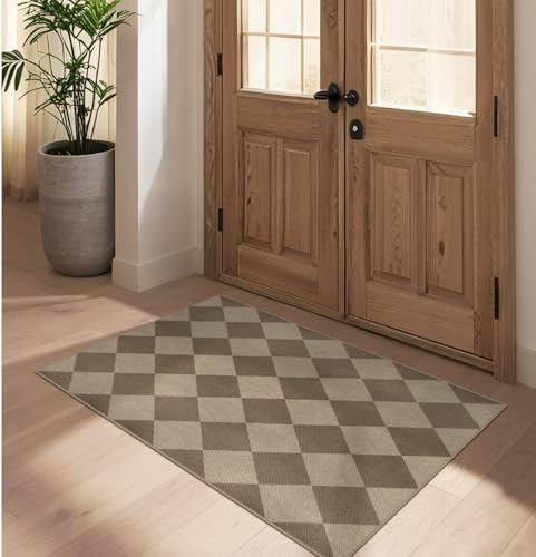 Rugalia Easy Jute Checkered Entryway Rug, 2.6x4 Brown Modern Indoor Outdoor Doormat, Washable Non-Slip Neutral Kitchen Rug Farmhouse Diamond Throw Rugs for Entrance Bedroom Bathroom - color: Brown Checkered, size: 2.6' x 4' (Rectangular)