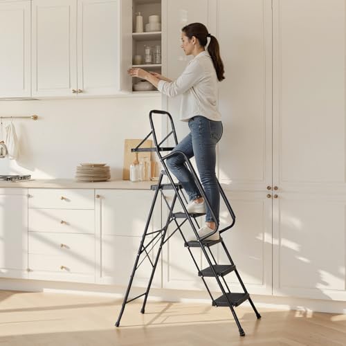 VEVOR 5 Step Ladder, Folding Step Stool with Wide Anti-Slip Pedal, Tool Tray, Dual Side Handrails, Portable Steel Ladder, Multi-Use for Kitchen, Home, Household and Office, Black - size: 20.9 x 41.9 x 68.5 in(Expanded)