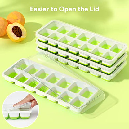 Ice Cube Trays 4 Pack, Airabc Silicone Ice Cube Trays with Removable Lid, Easy-Release Flexible 14-cube Ice Trays, LFGB Certified and BPA Free, Stackable Ice Trays with Covers for Cocktail, Freezer - color: Green
