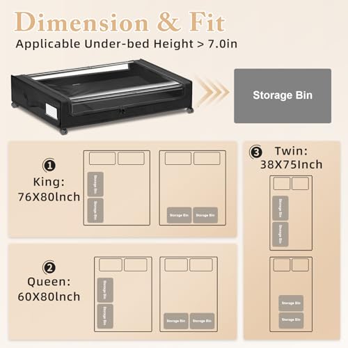 Under Bed Storage with Wheels 2-Pack，Under Bed Storage Containers XXL，Underbed Shoes Storage with Clear Lid,Rolling UnderBed Metal Drawer for Clothes Blankets Easy Pull-out Black