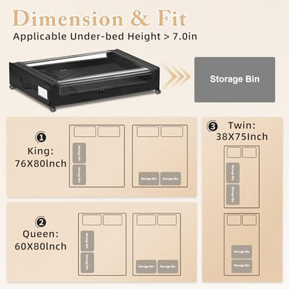 Under Bed Storage with Wheels 2-Pack，Under Bed Storage Containers XXL，Underbed Shoes Storage with Clear Lid,Rolling UnderBed Metal Drawer for Clothes Blankets Easy Pull-out Black