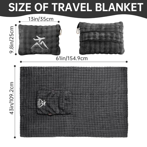 Travel Blanket and Pillow-2-in-1, Ultra-Soft&Compact, One-Piece Airplane Blanket with Hand Luggage Belt and Backpack Clip,Travelers Accessories Gifts, 61x43 Inches (Dark Grey) - color: Dark Grey