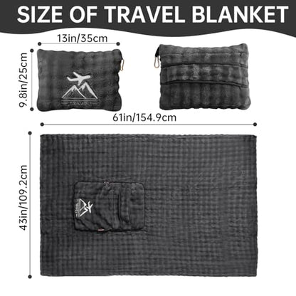 Travel Blanket and Pillow-2-in-1, Ultra-Soft&Compact, One-Piece Airplane Blanket with Hand Luggage Belt and Backpack Clip,Travelers Accessories Gifts, 61x43 Inches (Dark Grey) - color: Dark Grey