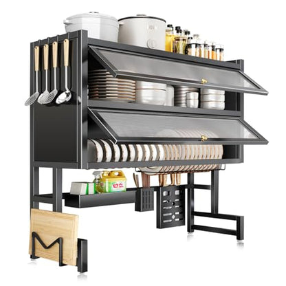 4-Tier Dish Drying Rack with Cover – Above Sink Kitchen Storage Rack, Large Space-Saving Shelf for Dishes, Glasses, Bowls & Cutlery, Black (W-40'') - size: W-41''