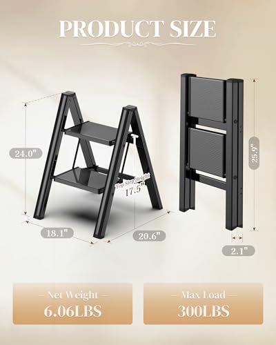 2 Step Ladder, Folding Step Stool with Wider Pedal, Anti-Slip Feet & Non Slip Stripes, Aluminum Sturdy Material, 300Lbs Capacity, Elegant Look of Piano Black Better Matches Your Home - color: Black, size: 2 Step