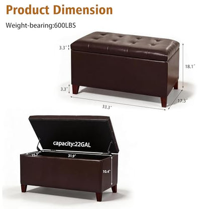 Joveco Storage Ottoman Bench, 33 Inches Faux Leather Rectangle Tufted Foot Stool for End Foot of Bed, Bedroom, Living Room, Brown - color: Brown Faux Leather
